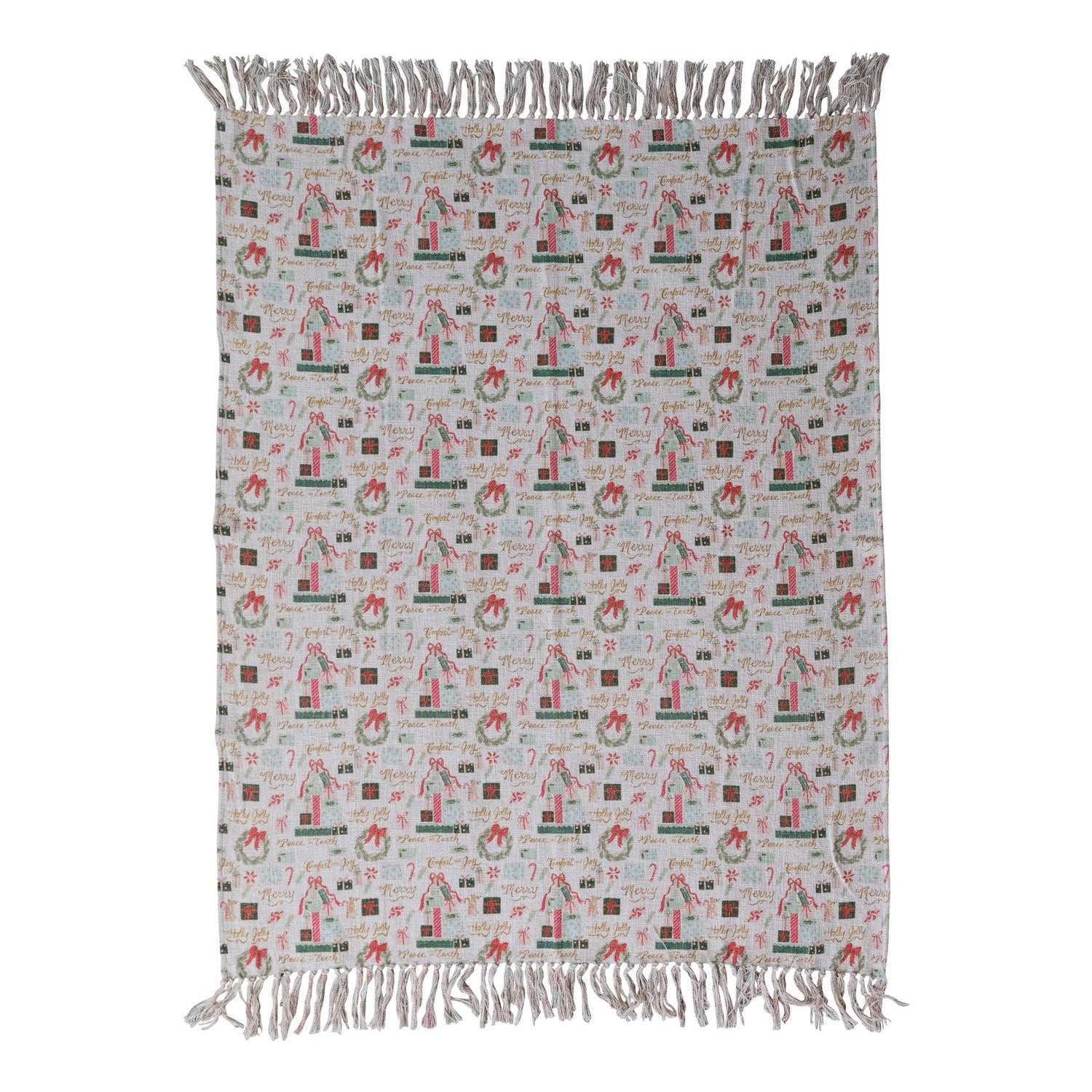 Cotton Slub Printed Throw with Holiday Pattern & Fringe ©