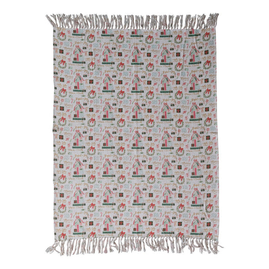 Cotton Slub Printed Throw with Holiday Pattern & Fringe ©