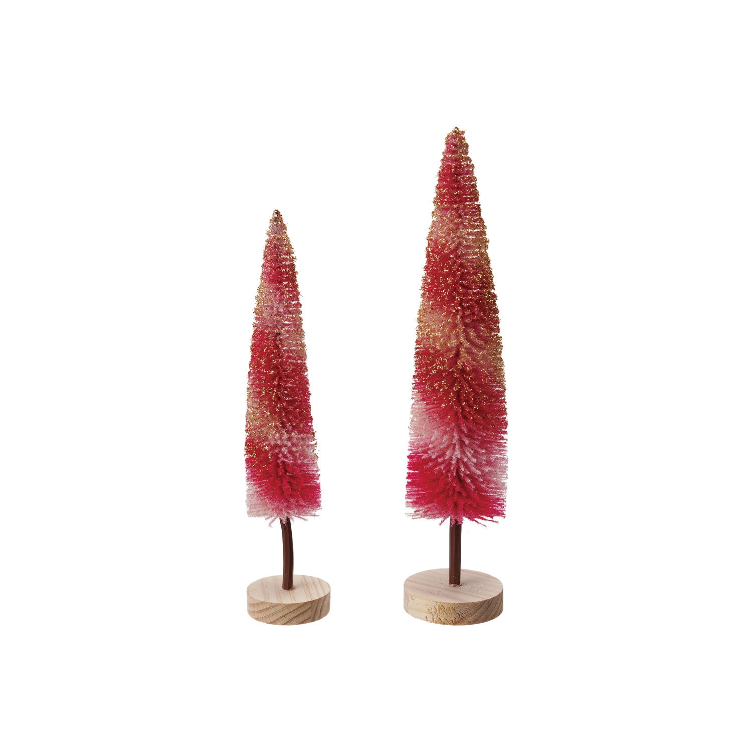 Flocked Plastic Striped Bottle Brush Trees with Gold Glitter, Set of 2