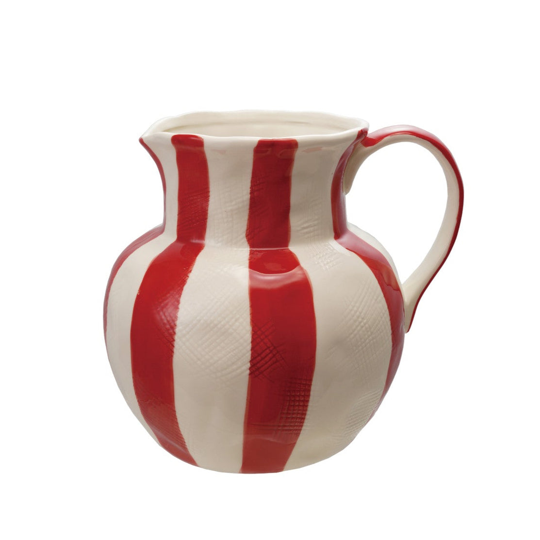 3-1/2 Quart Hand-Painted Stoneware Striped Pitcher with Linen Texture