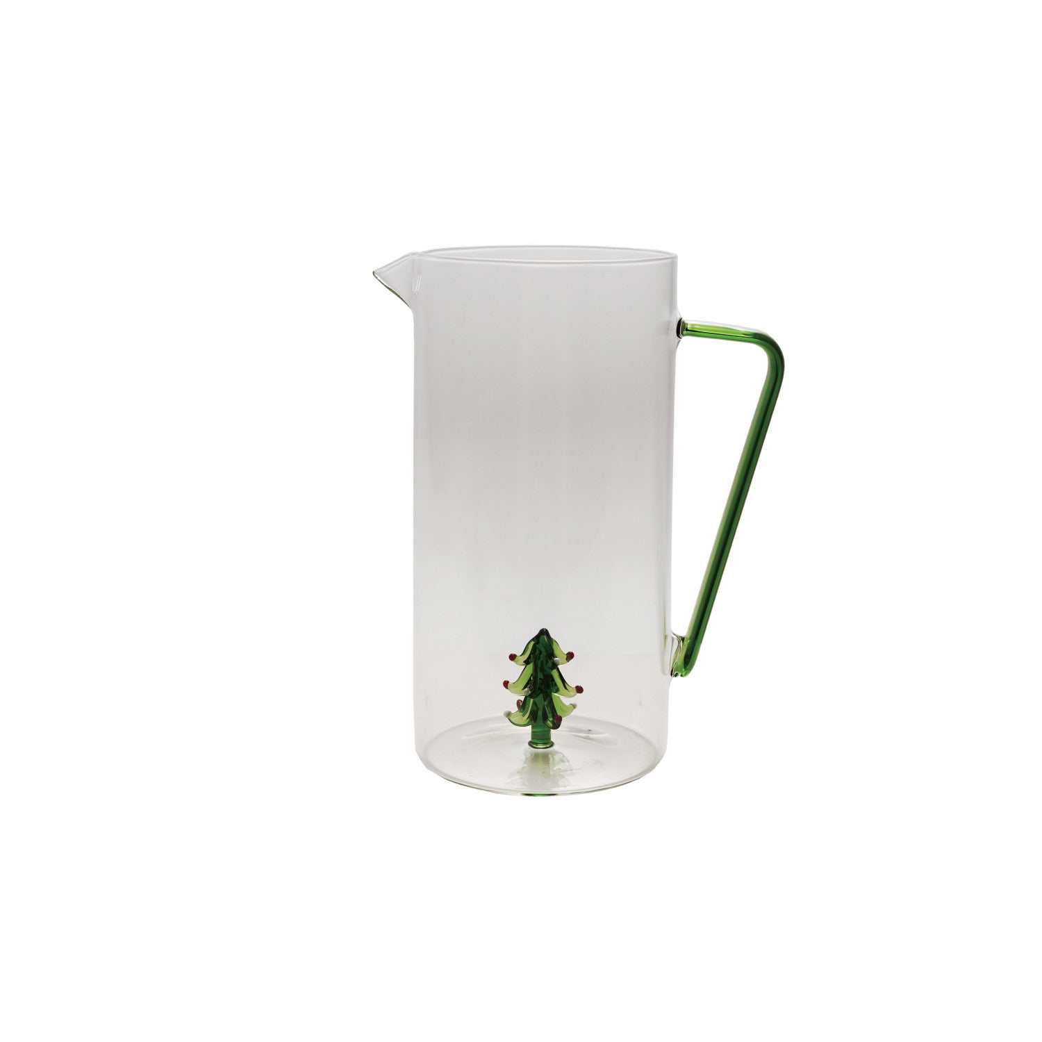 3 Quart Glass Pitcher with Green Handle & Hand-Blown Tree Inside