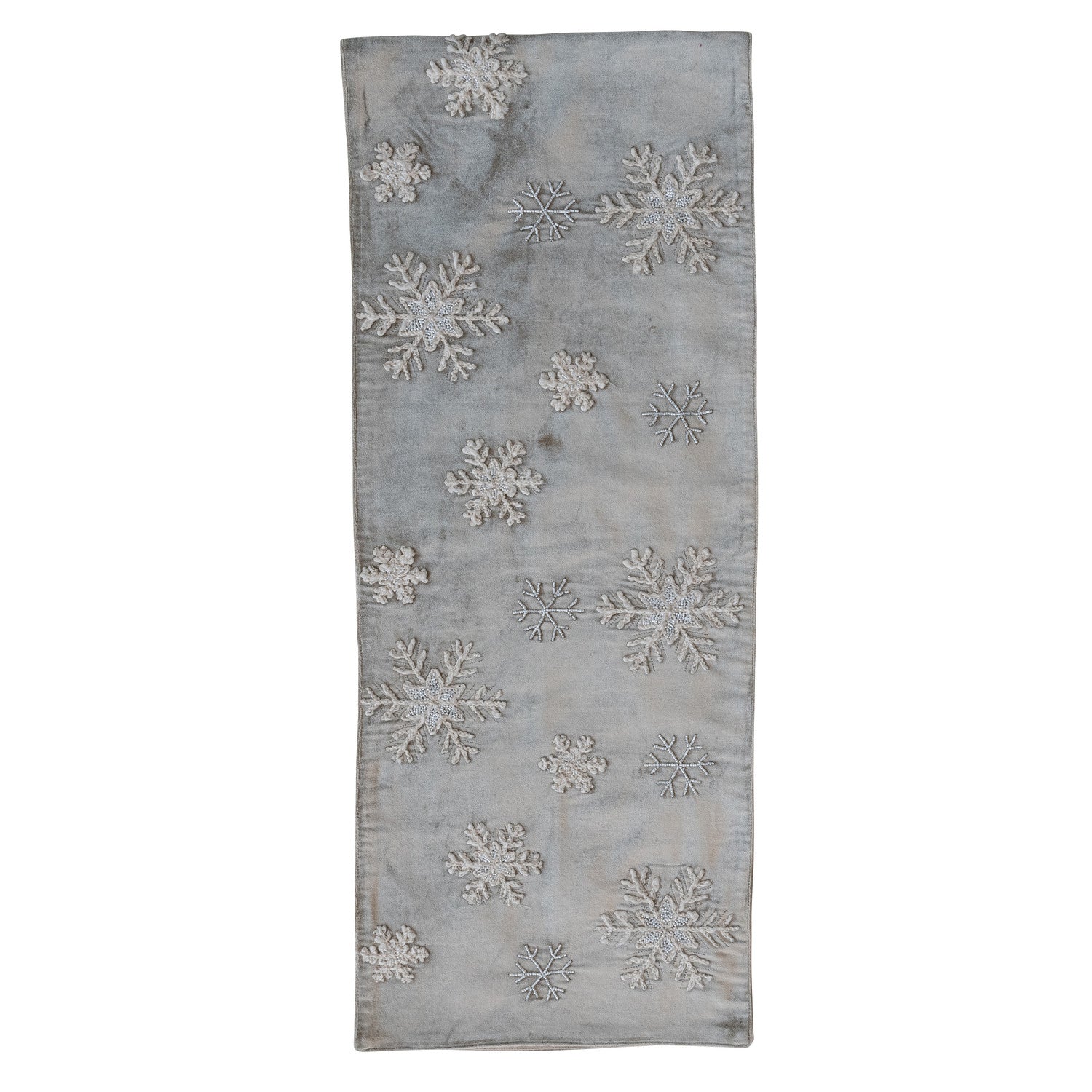 Cotton Blend Velvet Table Runner with Embroidered Snowflakes & Beads
