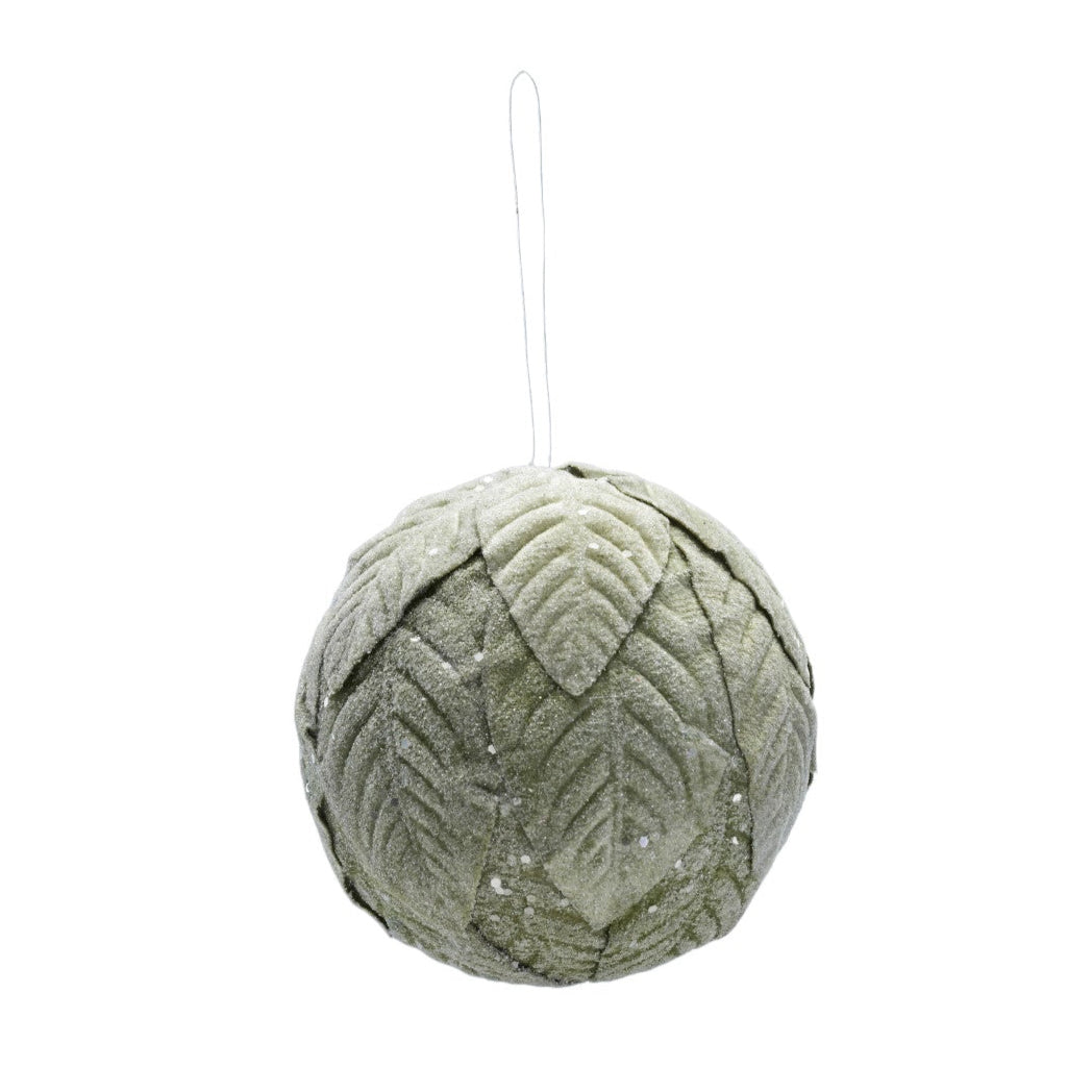 Foam & Fabric Leaves Ball Ornament with Glitter, Ice Finish, Green