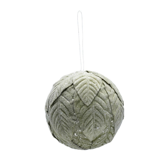 Foam & Fabric Leaves Ball Ornament with Glitter, Ice Finish, Green