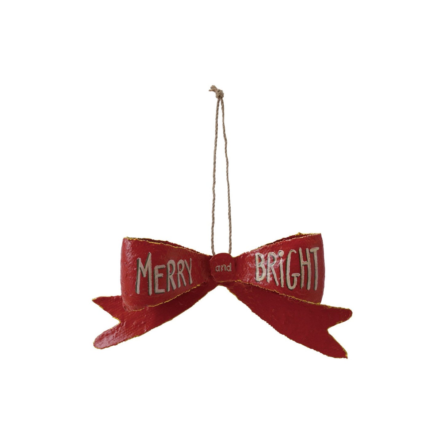 Metal Bow Ornament "Merry and Bright", Gold Finish, Red & White ©