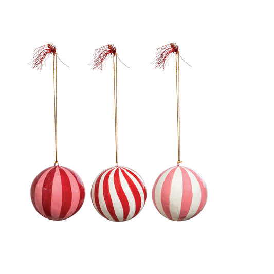 Hand-Painted Paper Mache Striped Ball Ornament & Tassel, 3 Styles