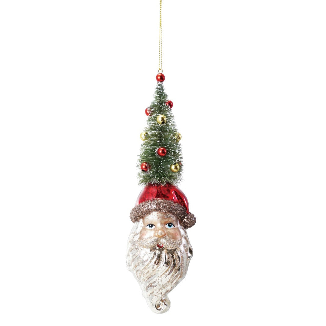 Mercury Glass Santa Head Ornament with Bottle Brush Tree & Glitter