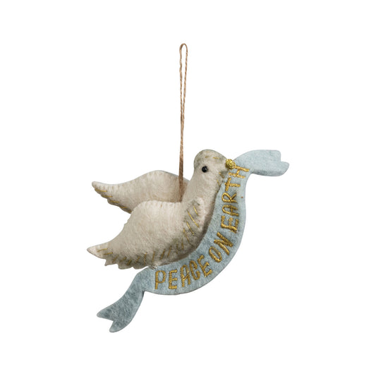 Handmade Wool Felt Dove Ornament with Embroidered Banner ©