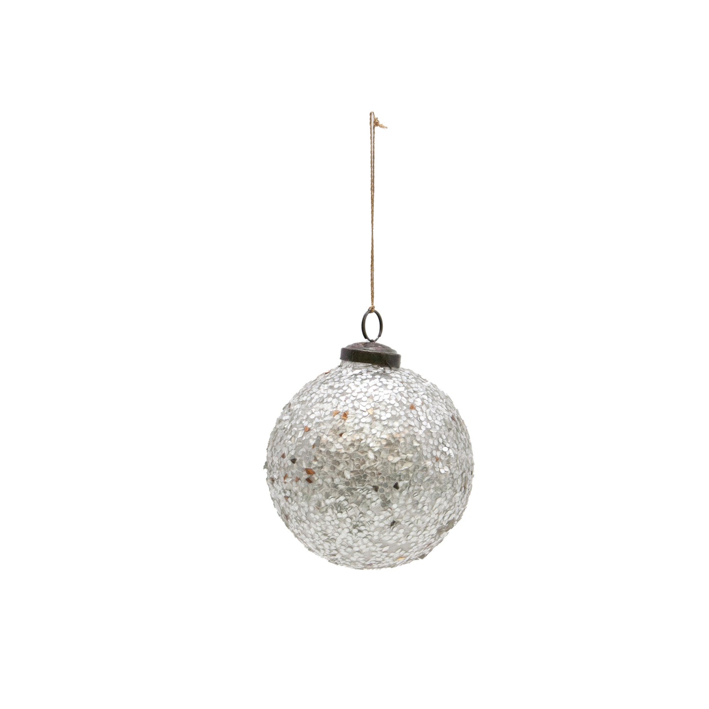 4" Round Glass Ball Ornament with Mica Flakes, Silver Finish