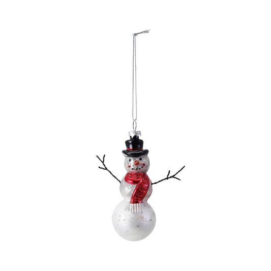 4-1/4"H Mercury Glass & Wire Snowman Ornament, White, Red & Black